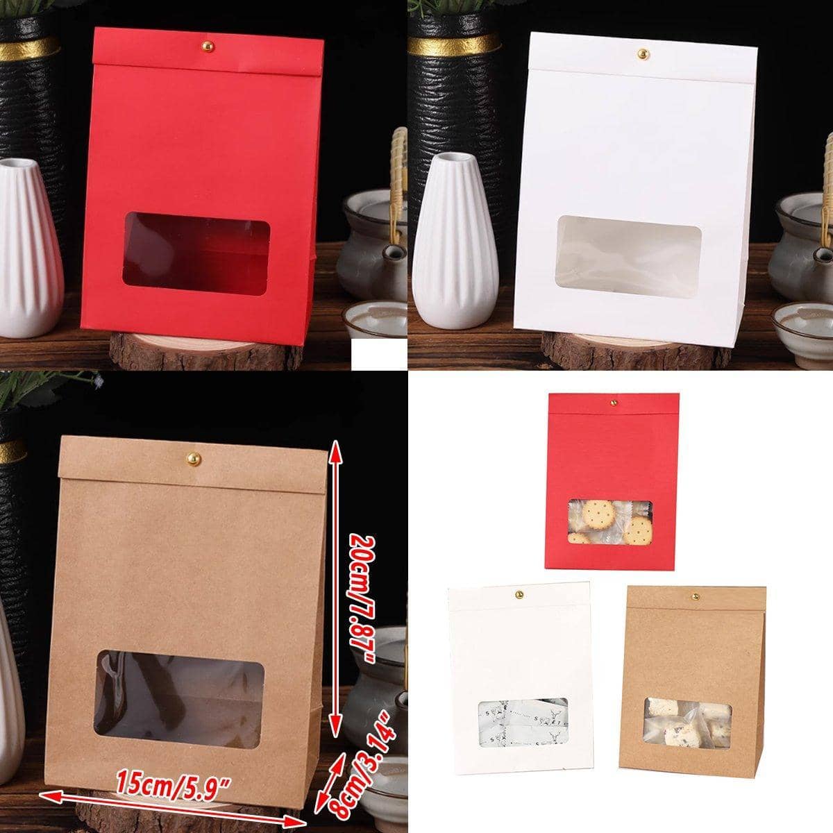 Kraft Paper Candy Bags with Window, Snowflake Design, Pack of 10 - White - view 4