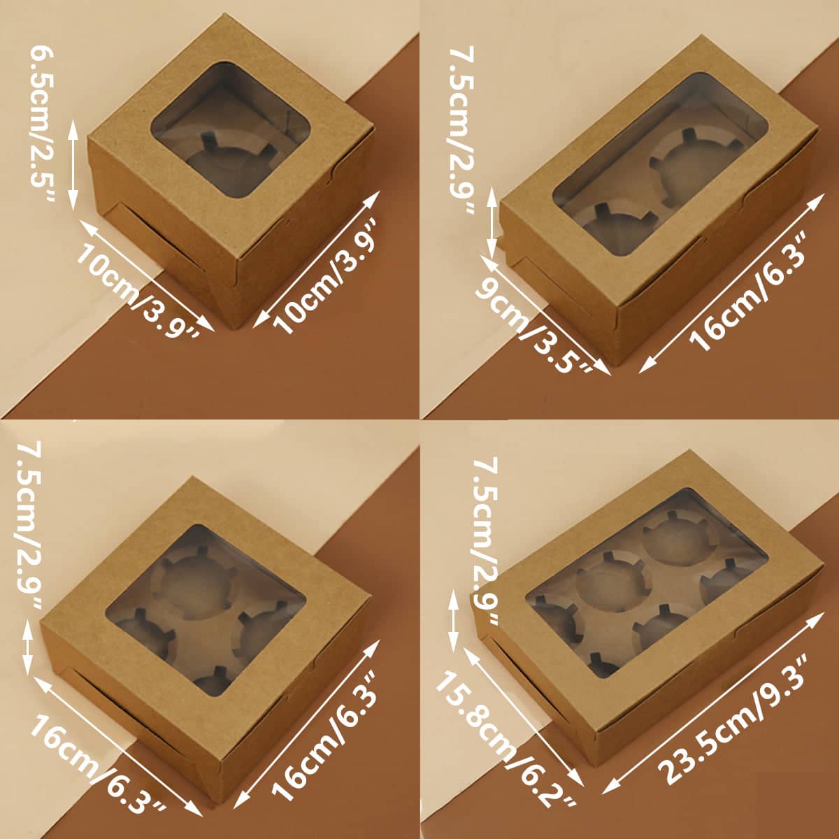 Kraft Paper Cupcake Box with Window - Pack of 25, 2 Holes - view 4