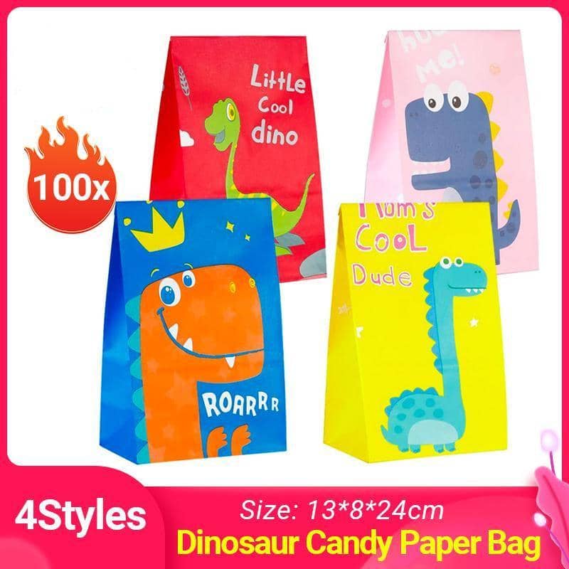 Kraft Paper Dinosaur Party Bags for Birthdays - Pack of 100