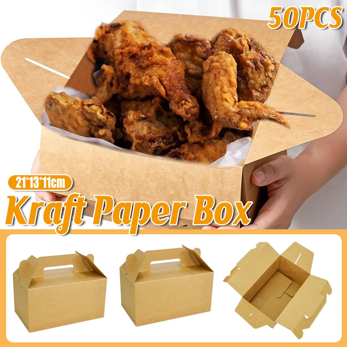 Kraft Paper Fried Chicken Takeaway Box with Handle, 21 x 13 x 11 cm - Pack of 50
