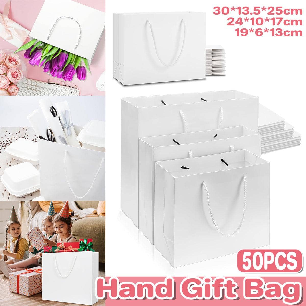 Kraft Paper Gift Bags Blank Shopping Handbags for Garment Packaging, Pack of 50 - 13 x 19 x 6 cm - view 2
