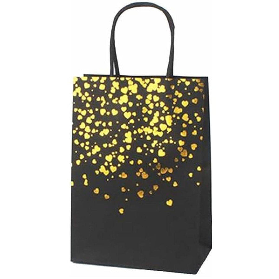 Kraft Paper Gift Bags with Heart Foil Print - Black with Gold Foil, Pack of 30