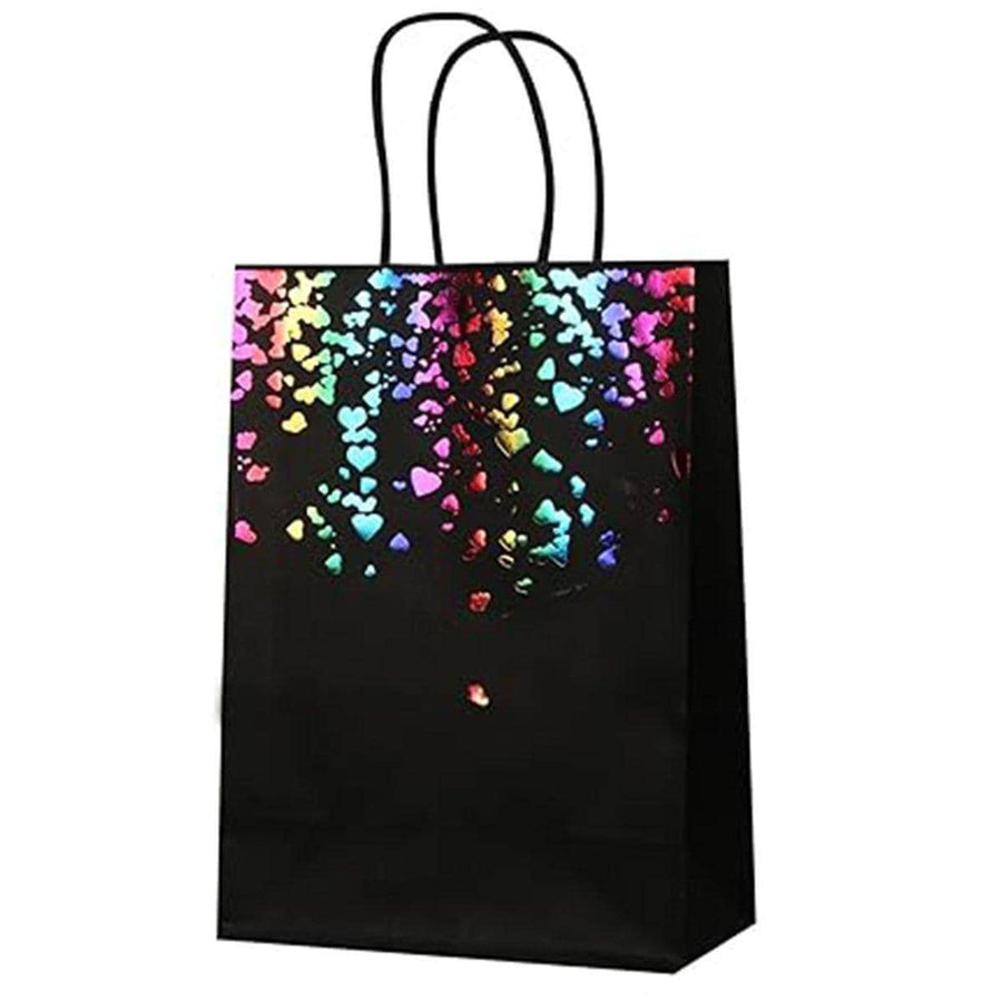 Kraft Paper Gift Bags with Heart Foil Print - Black with Rainbow Foil, Pack of 30