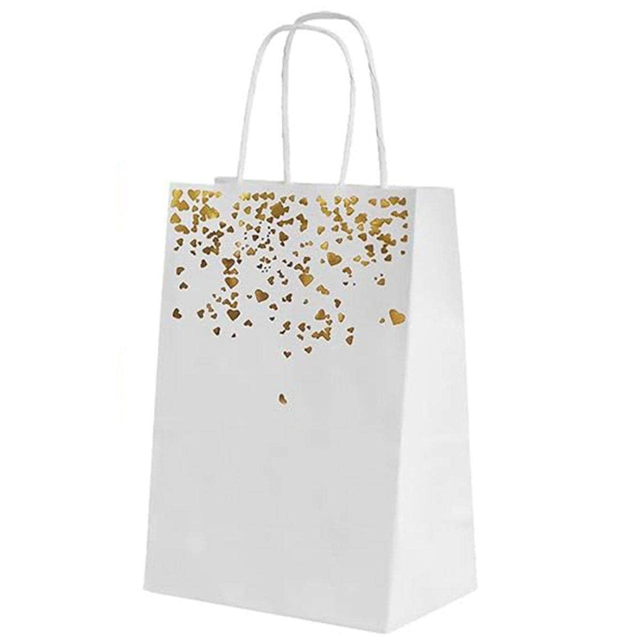 Kraft Paper Gift Bags with Heart Foil Print - White with Gold Foil, Pack of 30