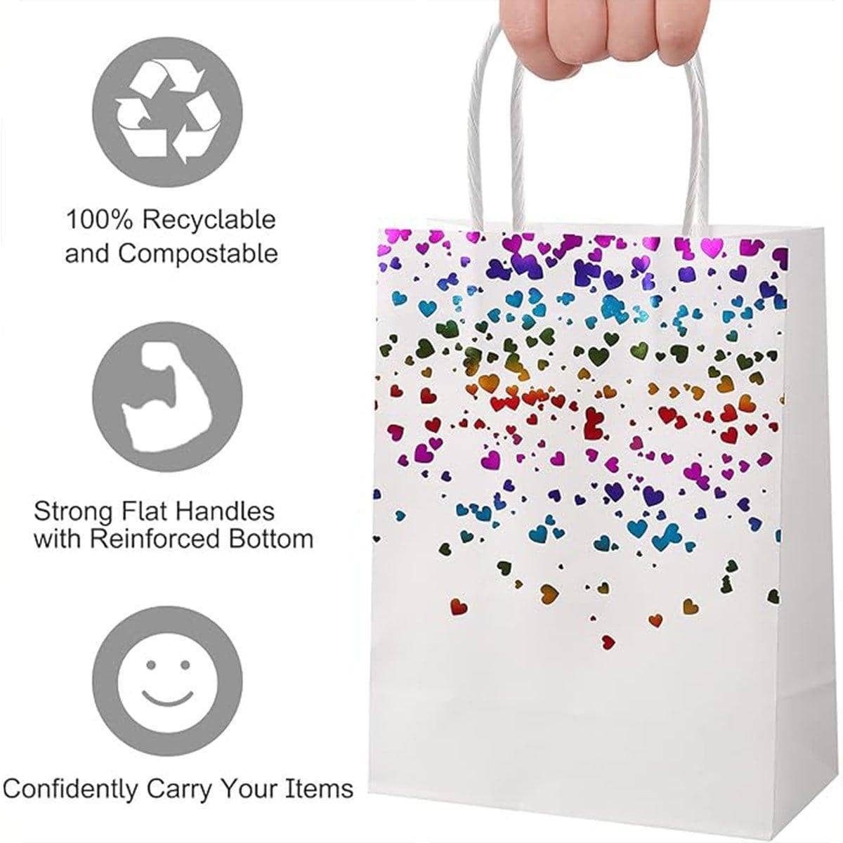 Kraft Paper Gift Bags with Heart Foil Print - White with Rose Gold Foil, Pack of 30 - view 5