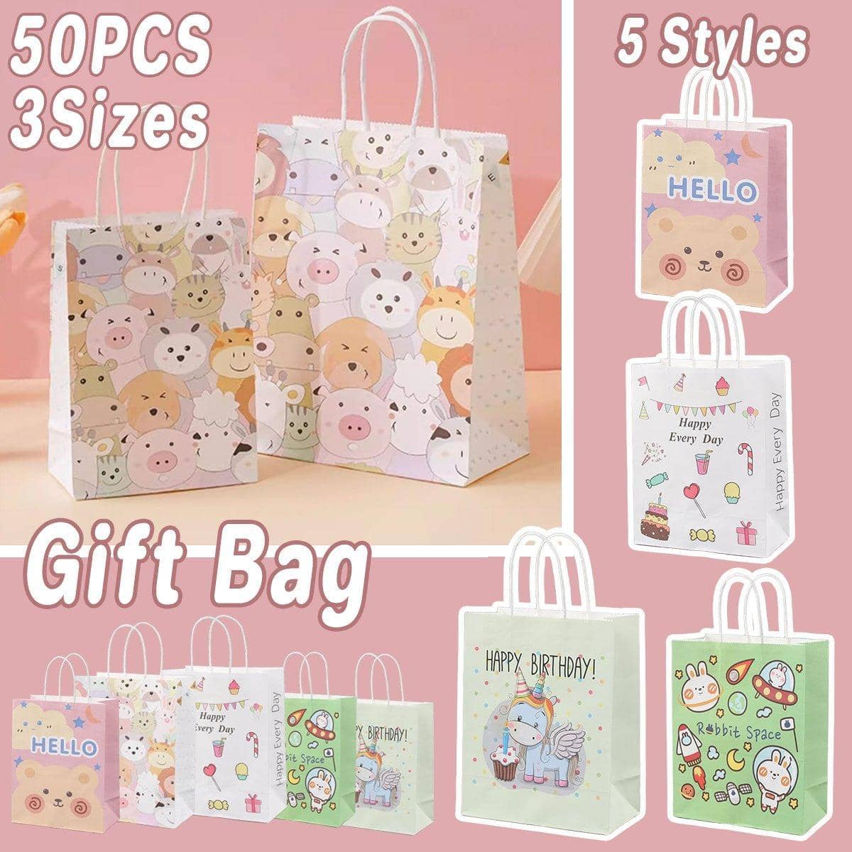 Kraft Paper Gift Bags for Kids - 18 x 9 x 23 cm, Style TKT, Pack of 50 - view 2