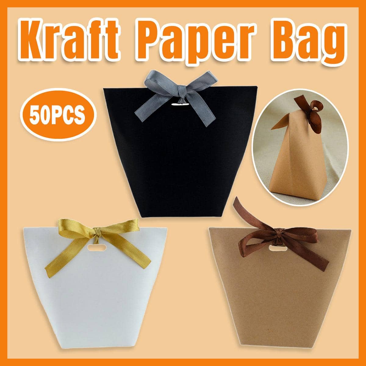 Kraft Paper Gift Bags with Ribbon Closure, Pack of 50 - Black - view 2