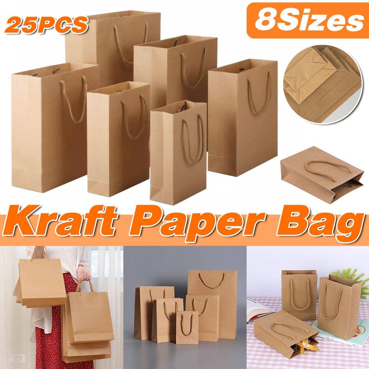 Kraft Paper Gift Bags with Rope Handles, Pack of 25 - 35 x 26 x 10 cm - view 2