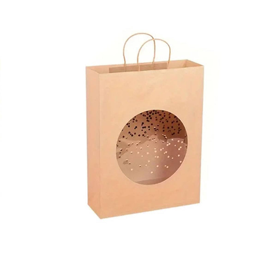 Kraft Paper Gift Tote Bags with Window - Medium 26 x 32 x 12 cm, Pack of 20 - Circle Window