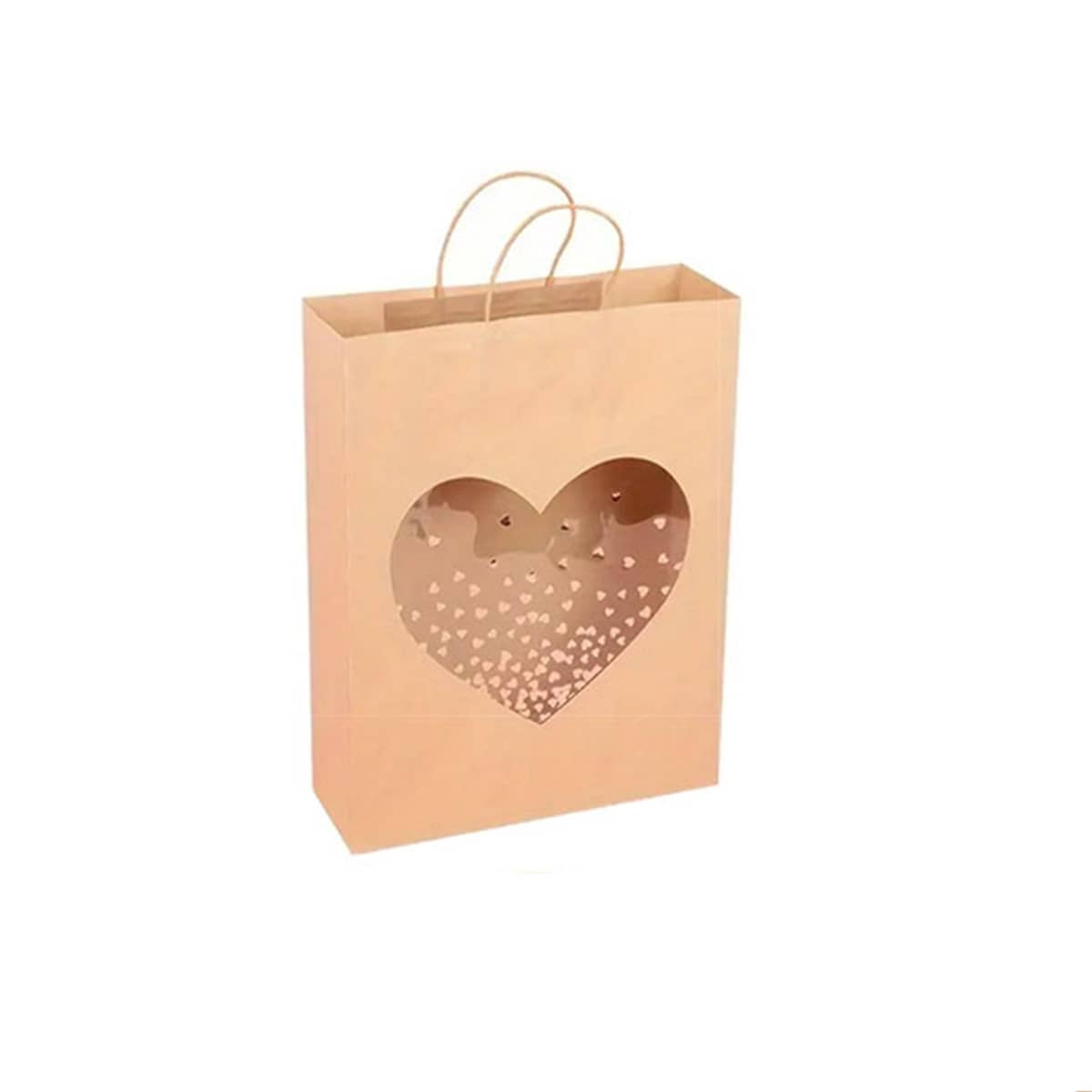 Kraft Paper Gift Tote Bags with Window - Medium 26 x 32 x 12 cm, Pack of 20 - Heart Window