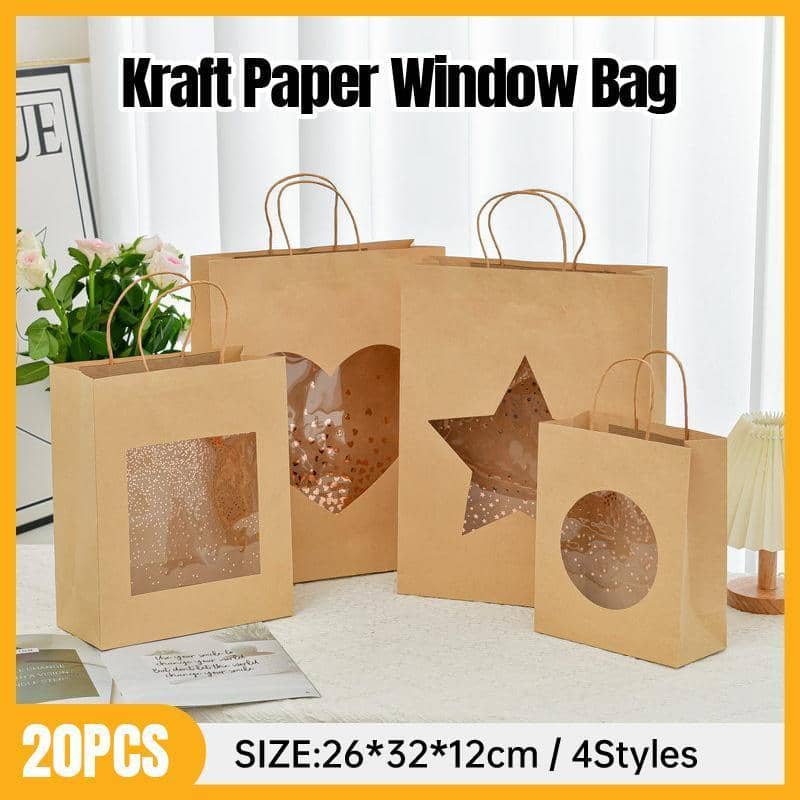 Kraft Paper Gift Tote Bags with Window - Medium 26 x 32 x 12 cm, Pack of 20 - Heart Window - view 2