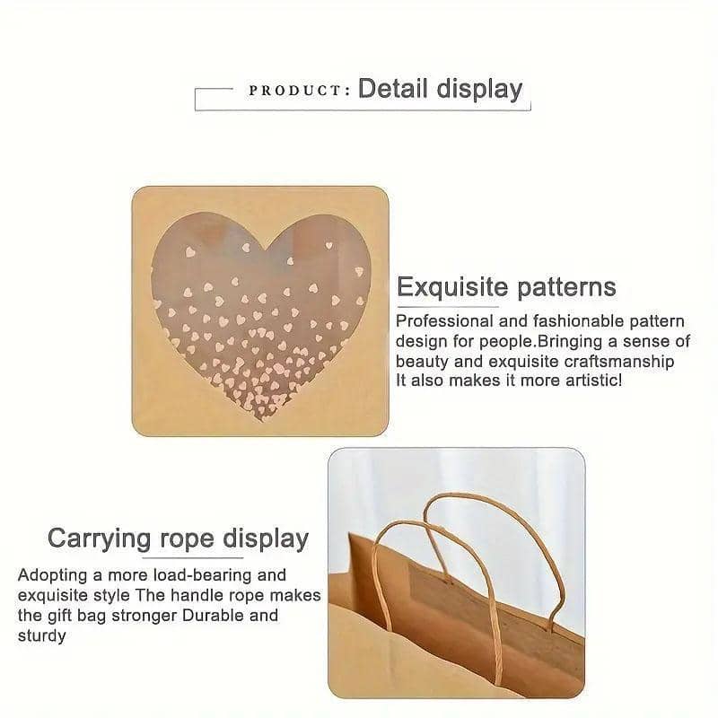 Kraft Paper Gift Tote Bags with Window - Medium 26 x 32 x 12 cm, Pack of 20 - Heart Window - view 5