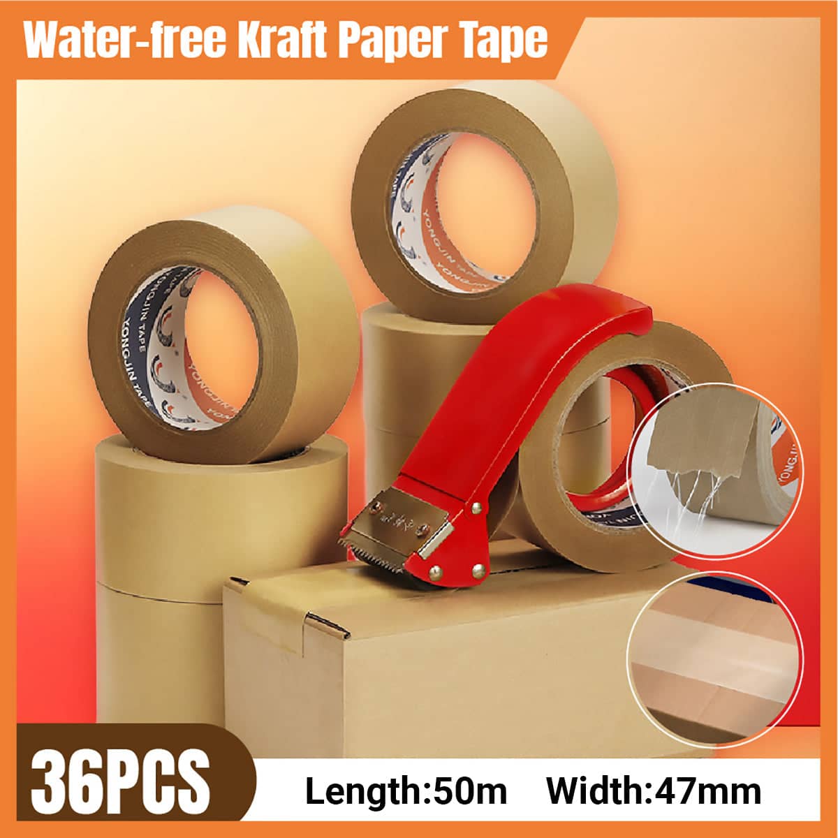 Kraft Paper Packing Tape with Thread, Self-Adhesive Framing Tape - Pack of 36 Rolls