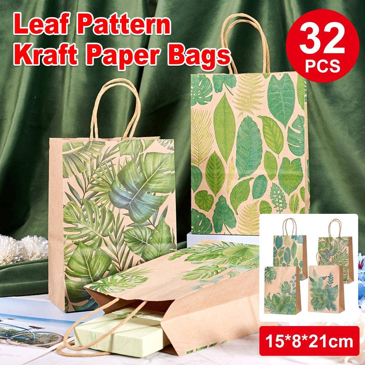 Kraft Paper Party Gift Bags with Leaf Pattern, Pack of 32