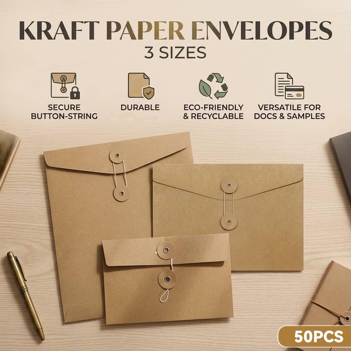 Kraft Paper String Tie File Envelopes - 17 x 23.5 cm Portrait - view 2