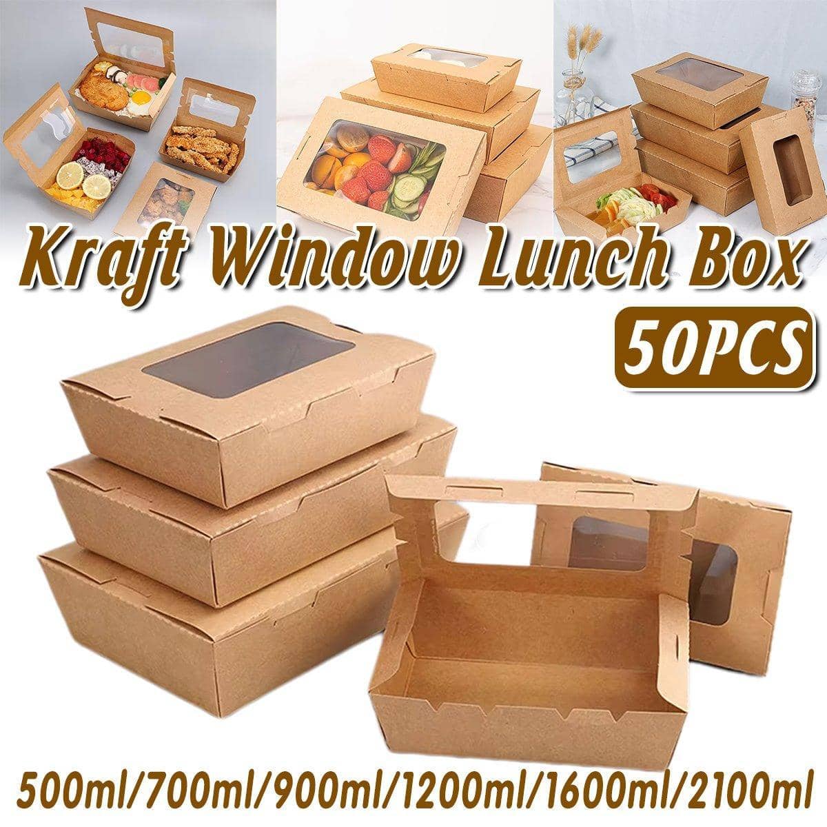 Kraft Paper Take Out Lunch Boxes Pack of 50 with Window 1200ml - Salad and Fried Chicken - view 2
