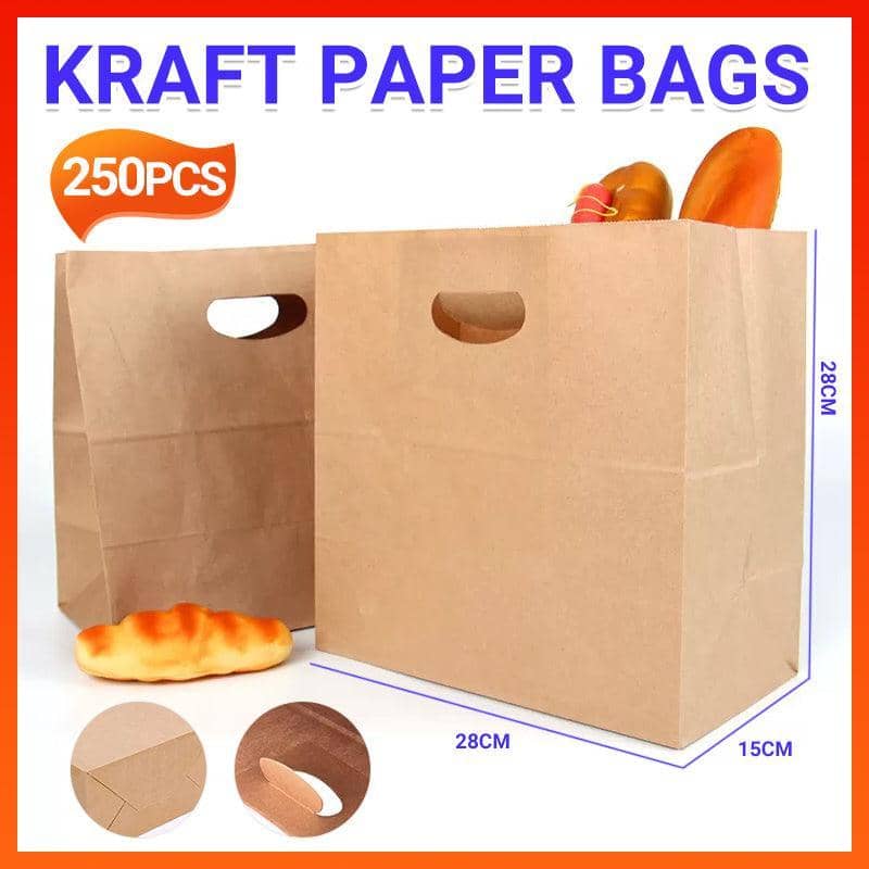 Kraft Paper Takeaway Bags, Pack of 250 - Disposable Carry, Gift and Market Bags