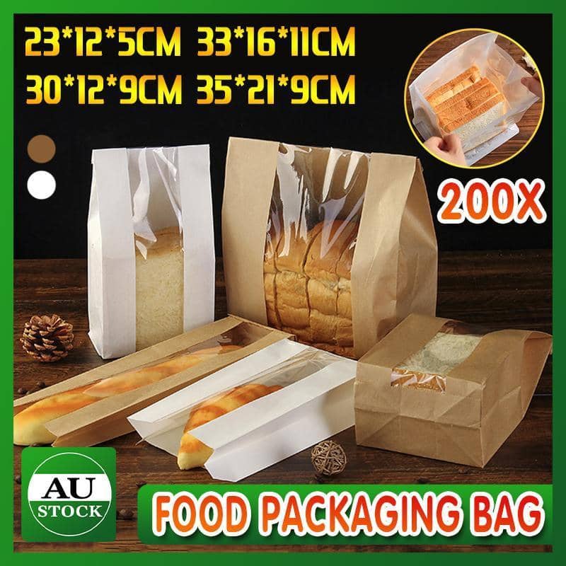 Kraft Paper Takeaway Bread Bags with Window - 30 x 12 x 9 cm, Pack of 200 - view 2