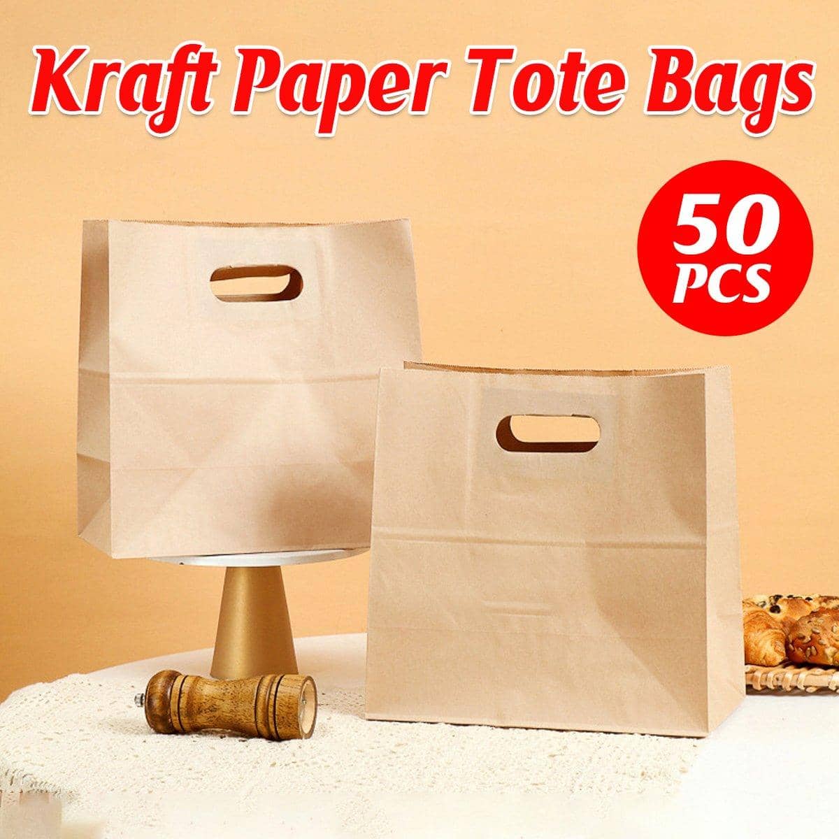 Kraft Paper Tote Bags with Die-Cut Handles, Pack of 50