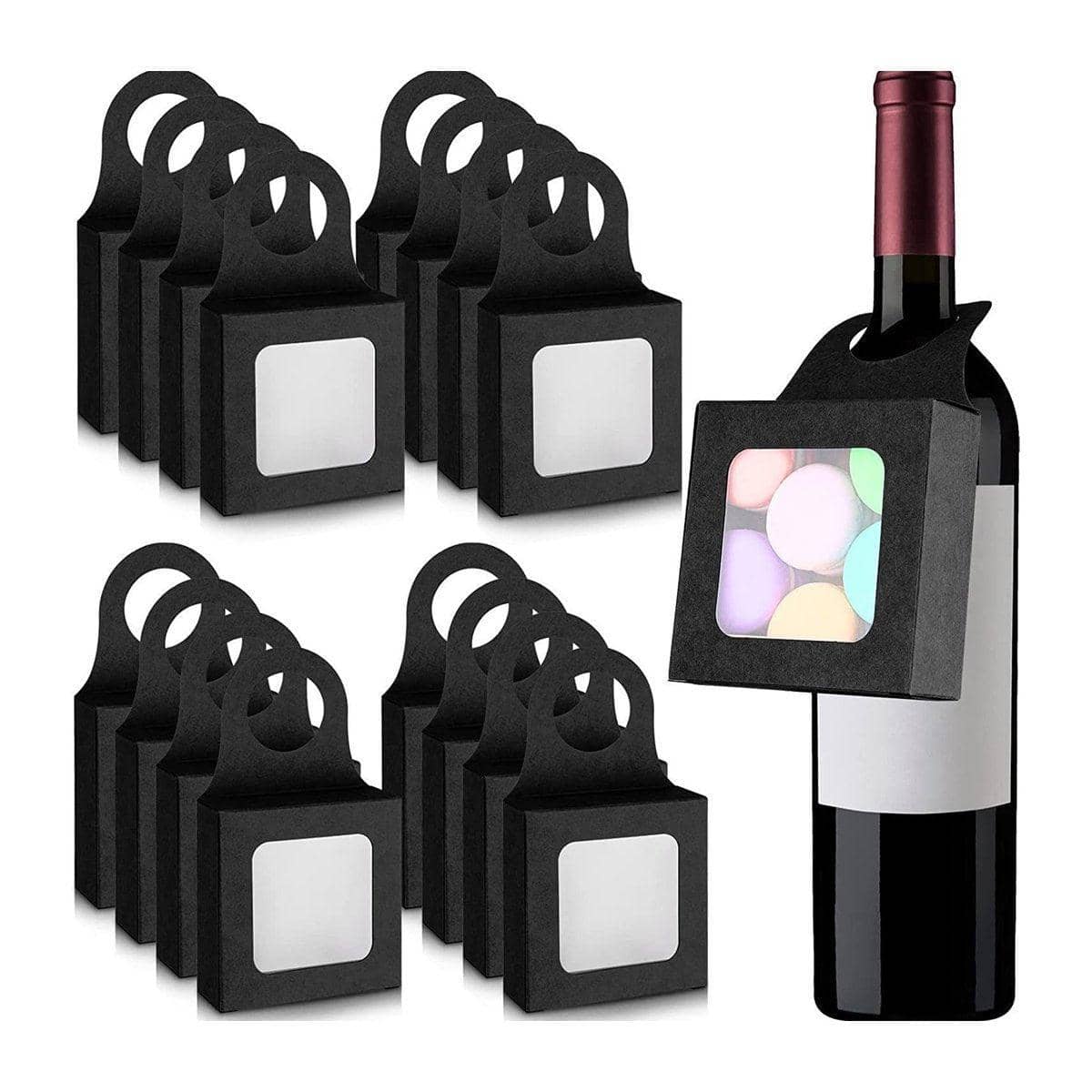 Kraft Paper Window Wine Bottle Gift Boxes - Black, Pack of 50