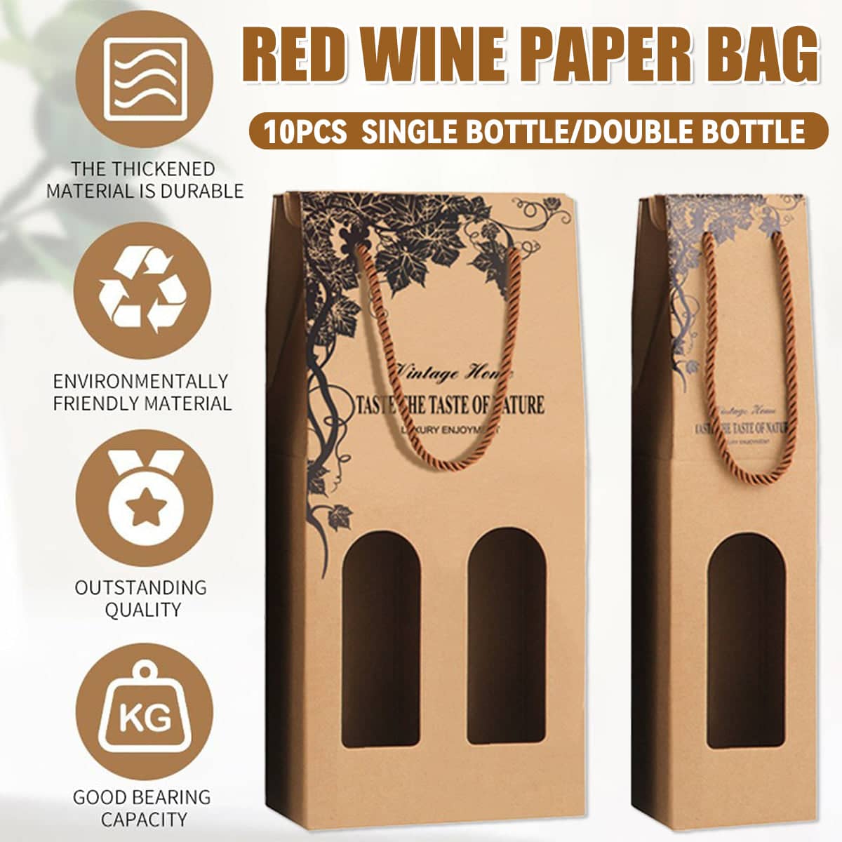 Kraft Paper Wine Gift Bags Brown Single or Double Bottle Carrier, Pack of 10 - Double Bottle - view 2