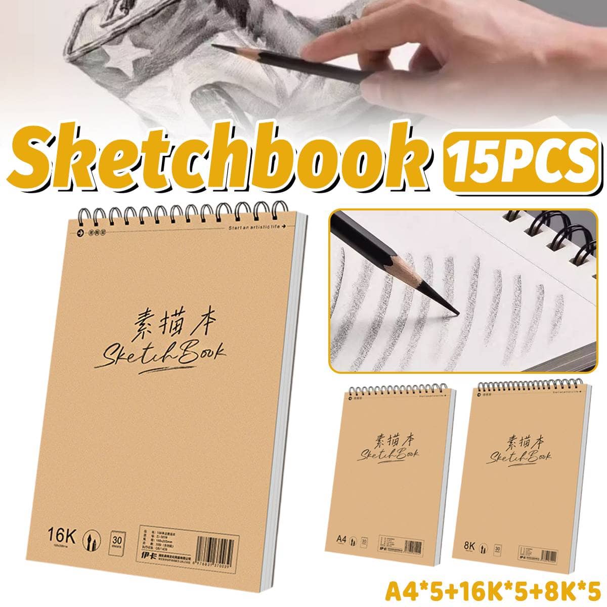 Kraft Sketchbooks Mixed Pack of 15 - A4, 16K and 8K Spiral Sketch Books