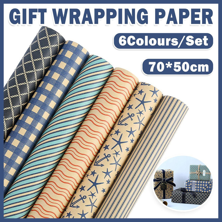 Kraft Wrapping Paper Set, 70 x 50 cm, 6 Sheets - Nautical Designs