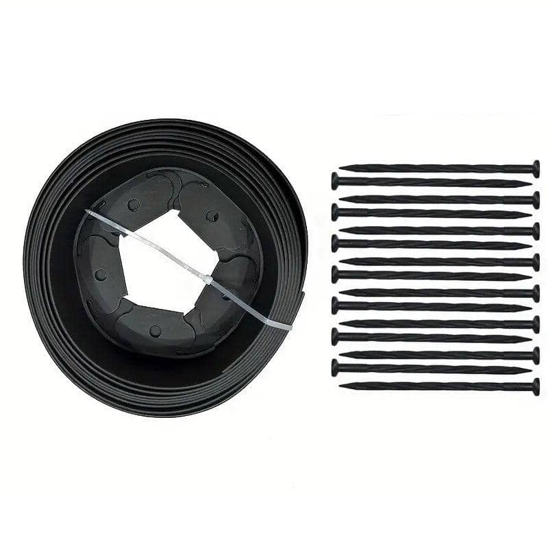 L-Shaped Plastic Garden Edging Border, 5 m with Ground Stakes - Black