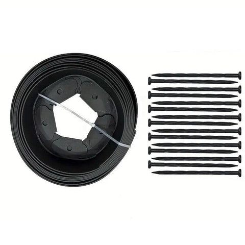 L-Shaped Plastic Garden Edging Border, 5 m with Ground Stakes - Black