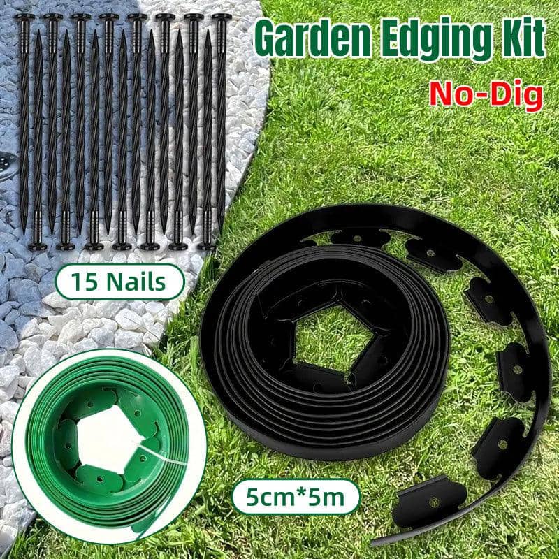 L-Shaped Plastic Garden Edging Border, 5 m with Ground Stakes - Black - view 2