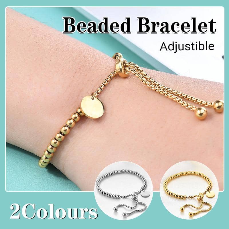 Ladies Beaded Slider Bracelet with Round Charm, Titanium Steel - Silver - view 2
