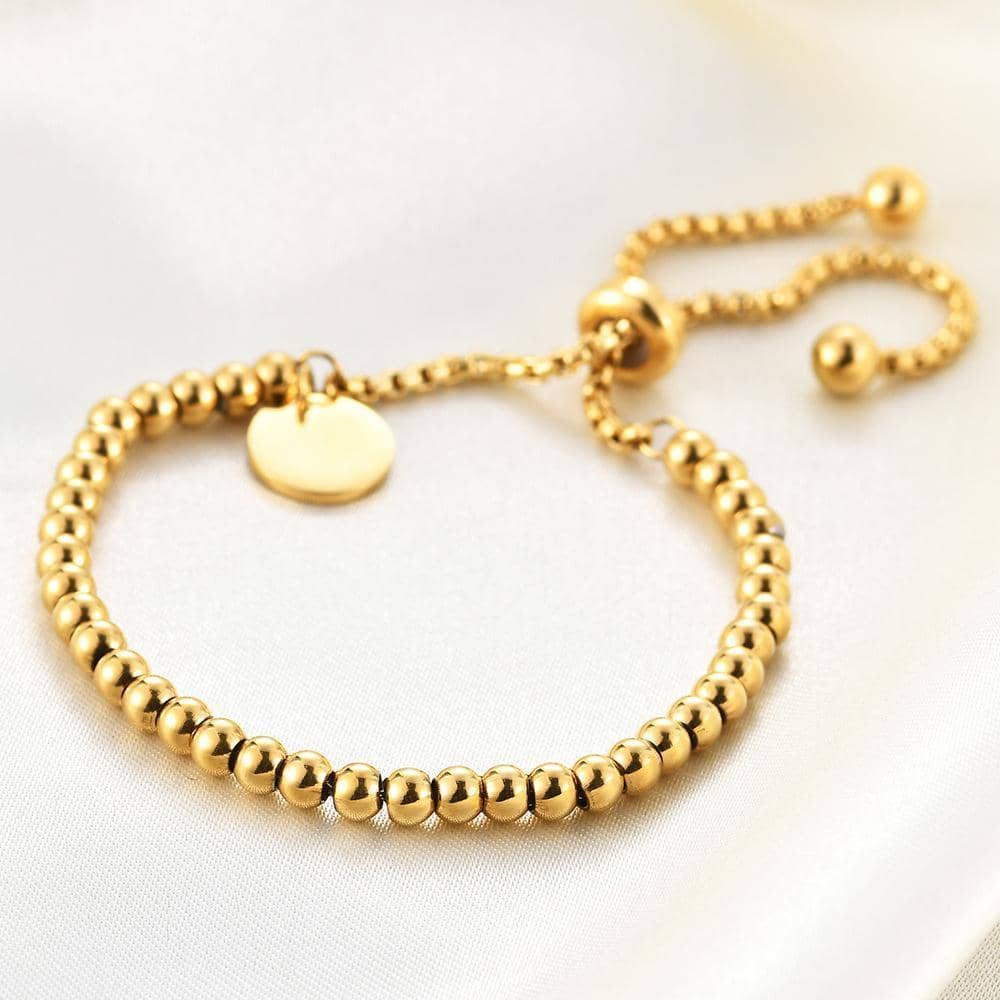 Ladies Beaded Slider Bracelet with Round Charm, Titanium Steel - Silver - view 4