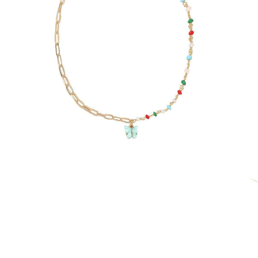 Ladies Pendant Necklace, Zinc Alloy - Gold Tone Chain with Butterfly and Coloured Beads