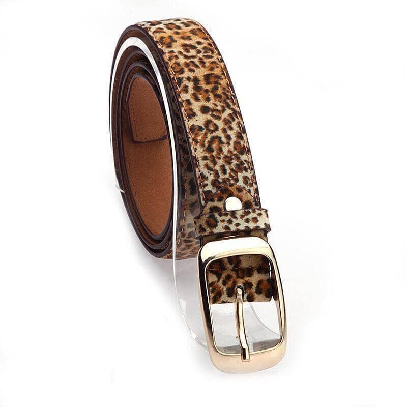 Ladies PU Leather Belt with Gold-Tone Pin Buckle - Leopard Print