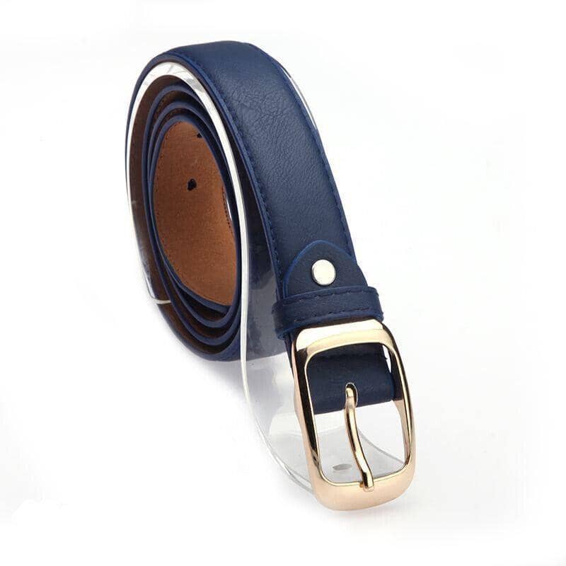 Ladies PU Leather Belt with Gold-Tone Pin Buckle - Navy Blue