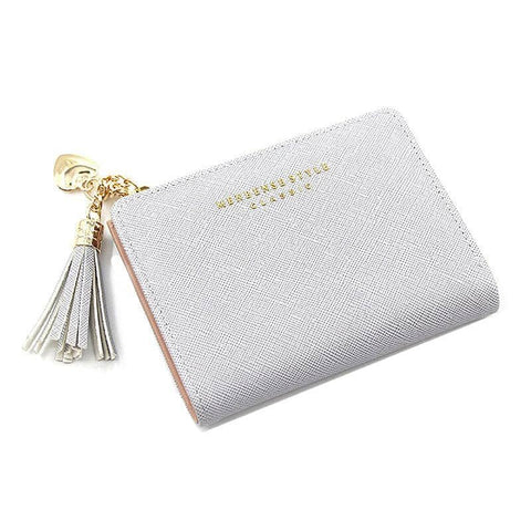 Ladies Short Faux Leather Wallet with Tassel, Card Holder and Coin Pocket - Grey