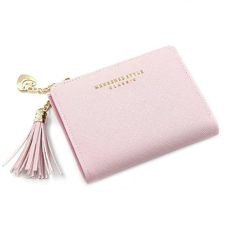 Ladies Short Faux Leather Wallet with Tassel, Card Holder and Coin Pocket - Pink
