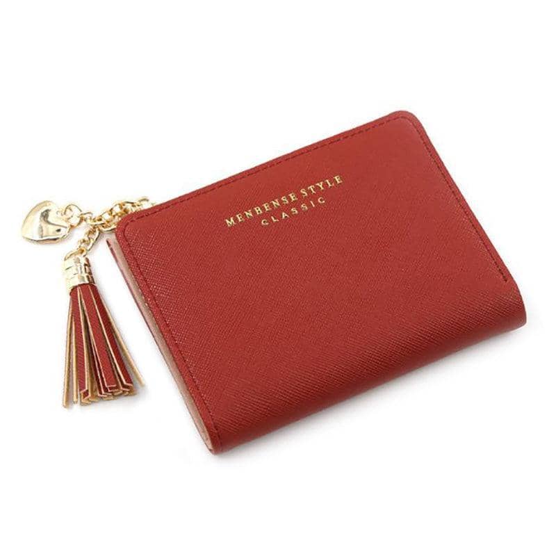 Ladies Short Faux Leather Wallet with Tassel, Card Holder and Coin Pocket - Red