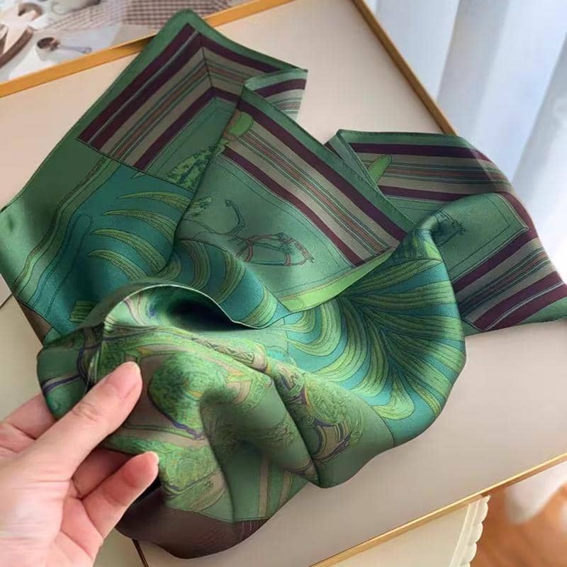 Ladies Silk-Feel Square Scarf, 70 x 70 cm - Green and Burgundy Striped Print