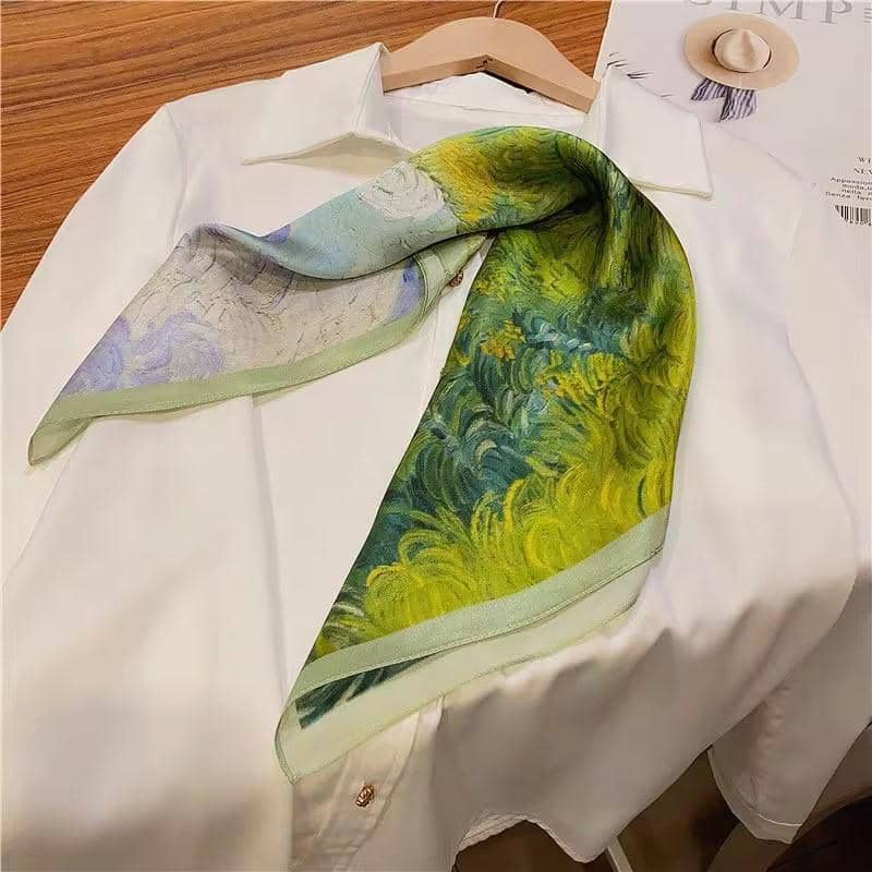 Ladies Silk-Feel Square Scarf, 70 x 70 cm - Green and Burgundy Striped Print - view 5