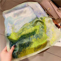 Ladies Silk-Feel Square Scarf, 70 x 70 cm - Green Meadow Painting Print