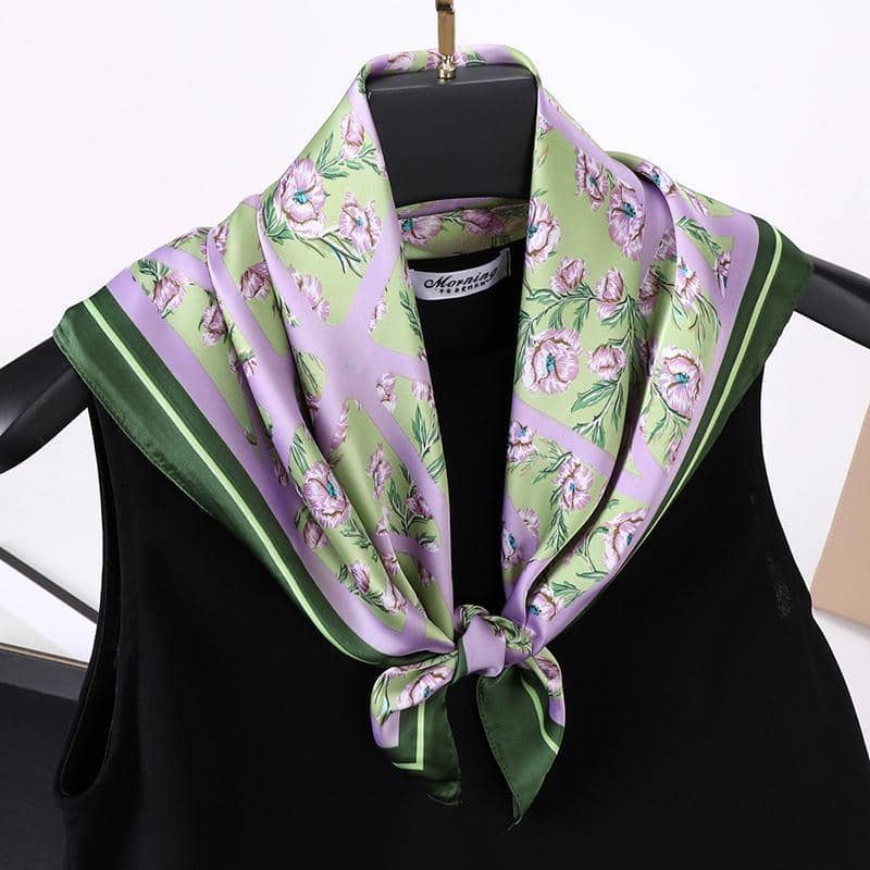 Ladies Silk-Feel Square Scarf, 70 x 70 cm - Lilac and Green Floral Print