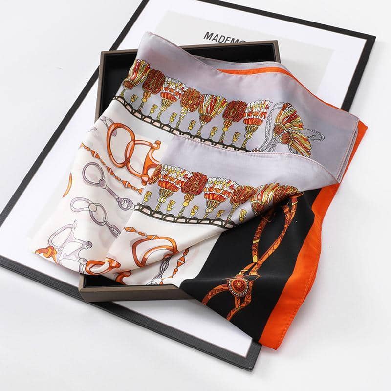 Ladies Silk-Feel Square Scarf, 70 x 70 cm - Orange, Grey and White Tassel and Chain Print