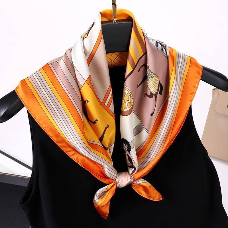 Ladies Silk-Feel Square Scarf, 70 x 70 cm - Orange Horse and Stripe Print