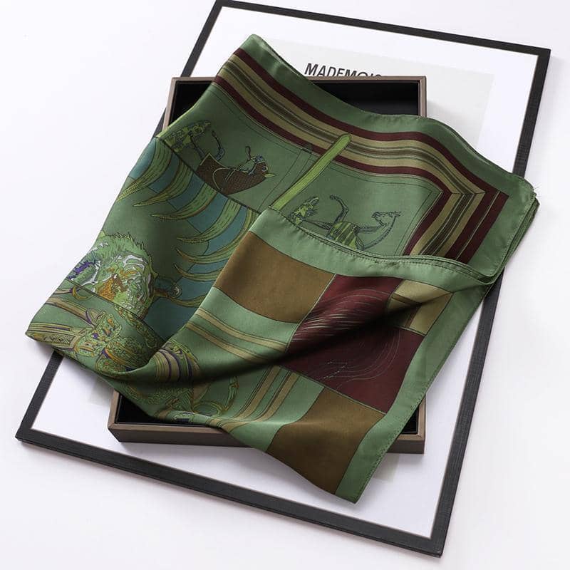 Ladies Silk-Feel Square Scarf, 70 x 70 cm - Orange Horse and Stripe Print - view 3