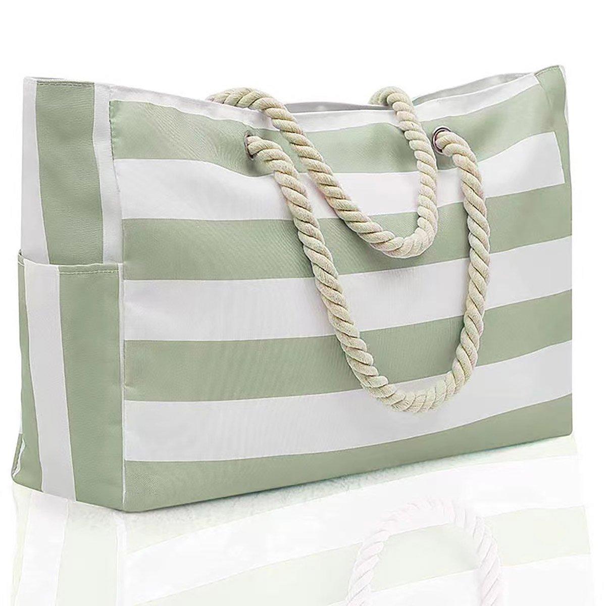 Large Bohemian Striped Canvas Beach Tote Bag - Sage