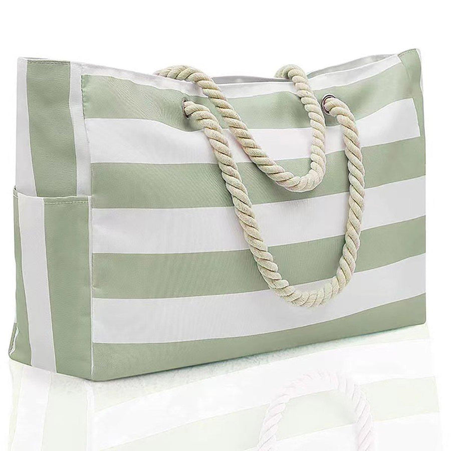 Large Bohemian Striped Canvas Beach Tote Bag - Sage