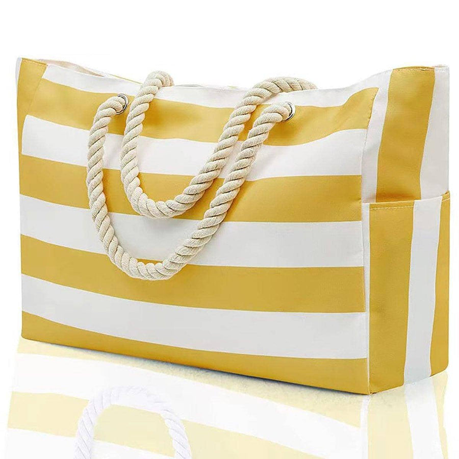 Large Bohemian Striped Canvas Beach Tote Bag - Yellow