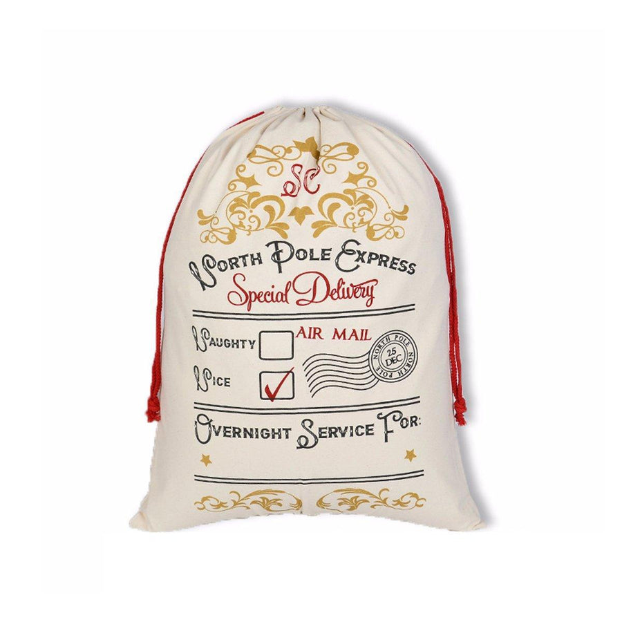 Large Canvas Christmas Santa Sack - Gold Flourish North Pole Express Special Delivery