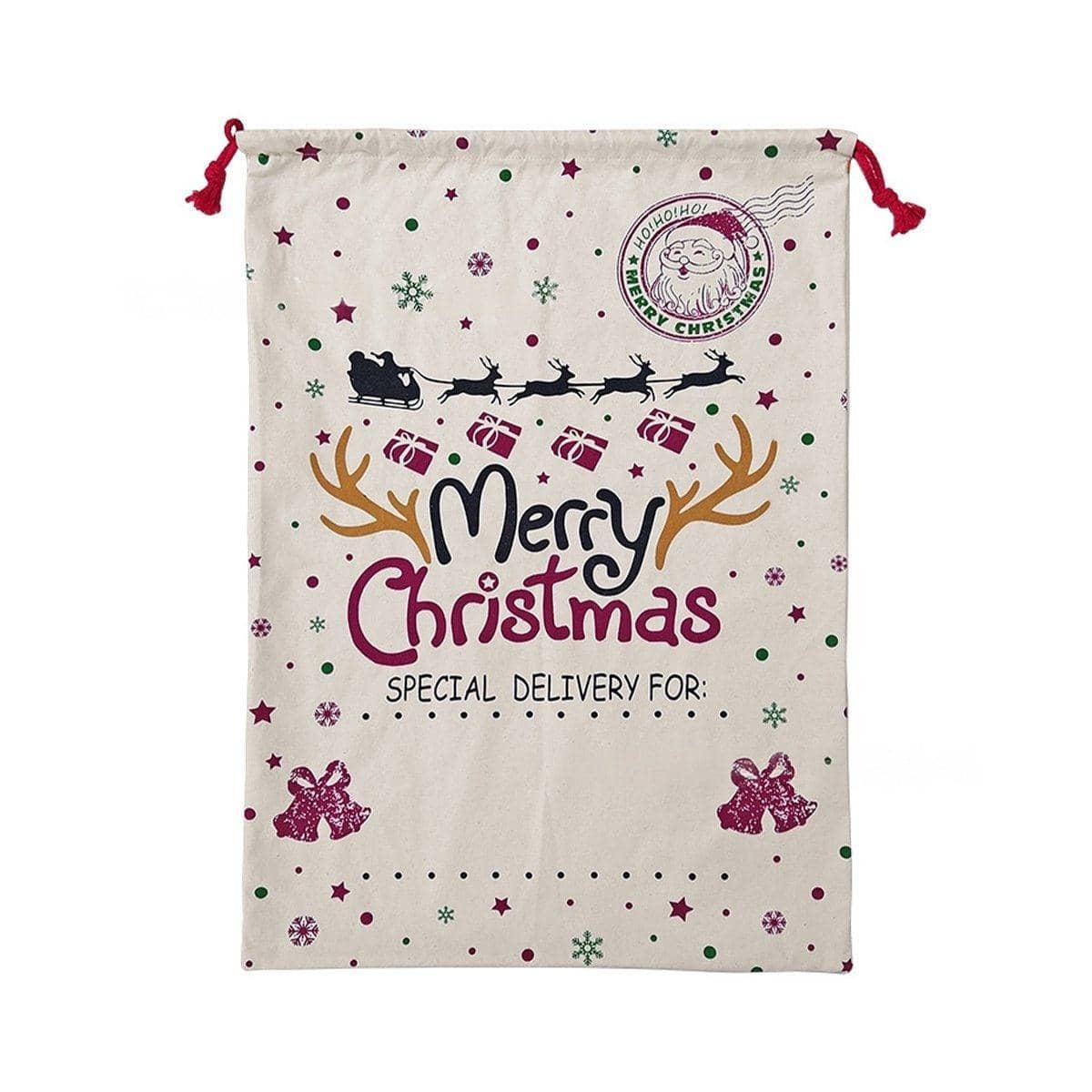 Large Canvas Christmas Santa Sack - Merry Christmas Sleigh, Bells and Santa Stamp
